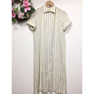 Vintage shabby chic minimalist cream striped midi button down dress size 12